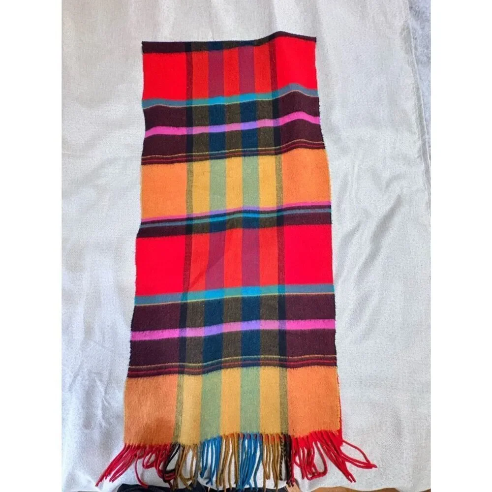 Bright Plaid Fringe Scarf Multicolor Tartan 15”x64”